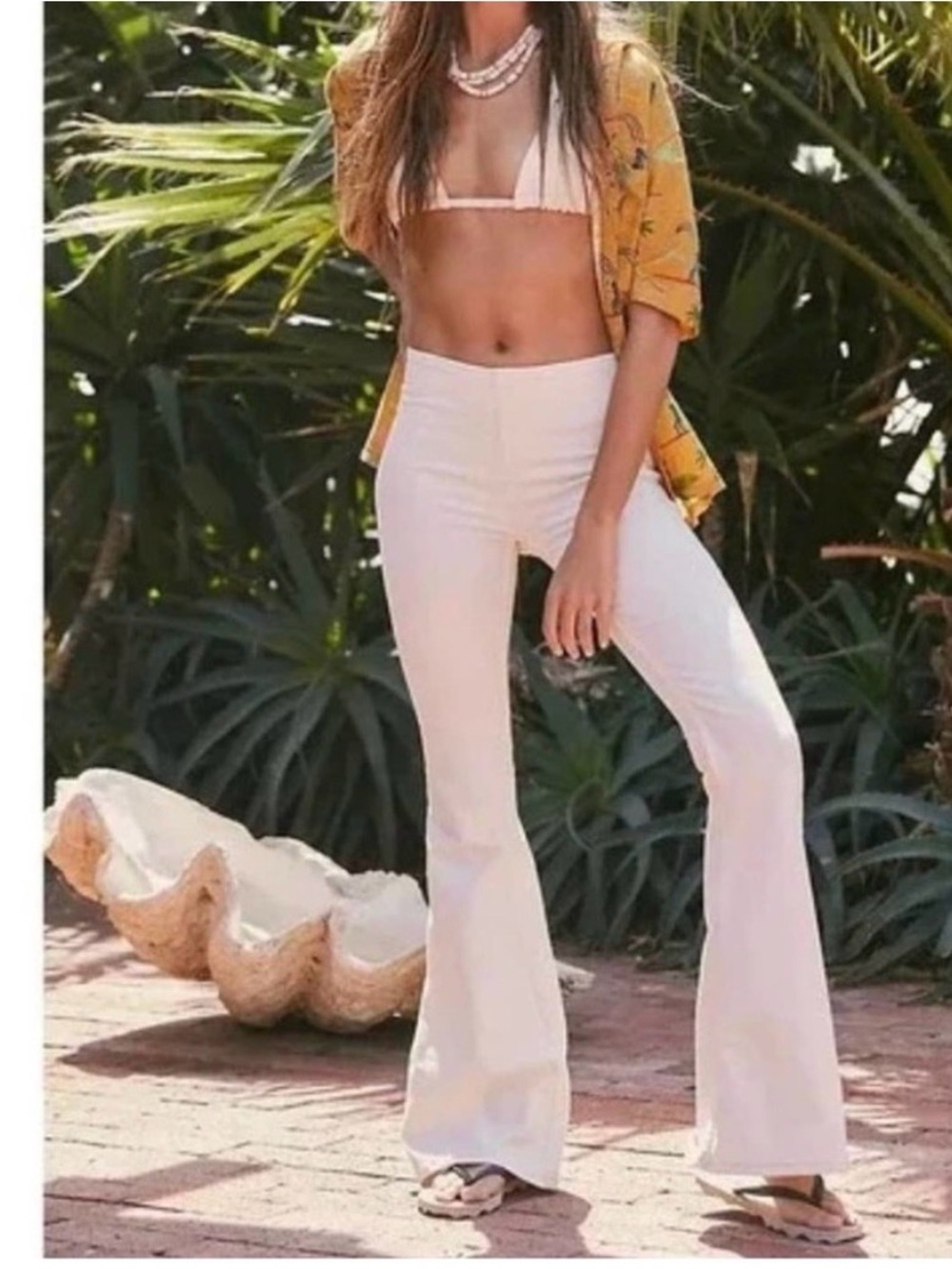 Free People Cream Pull On Low-Rise Flare Jeans